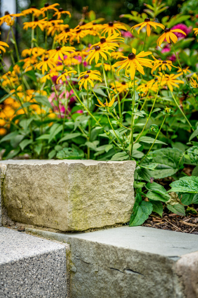 Natursteinmauer vom Läbesruum mit Blumenrabatten.