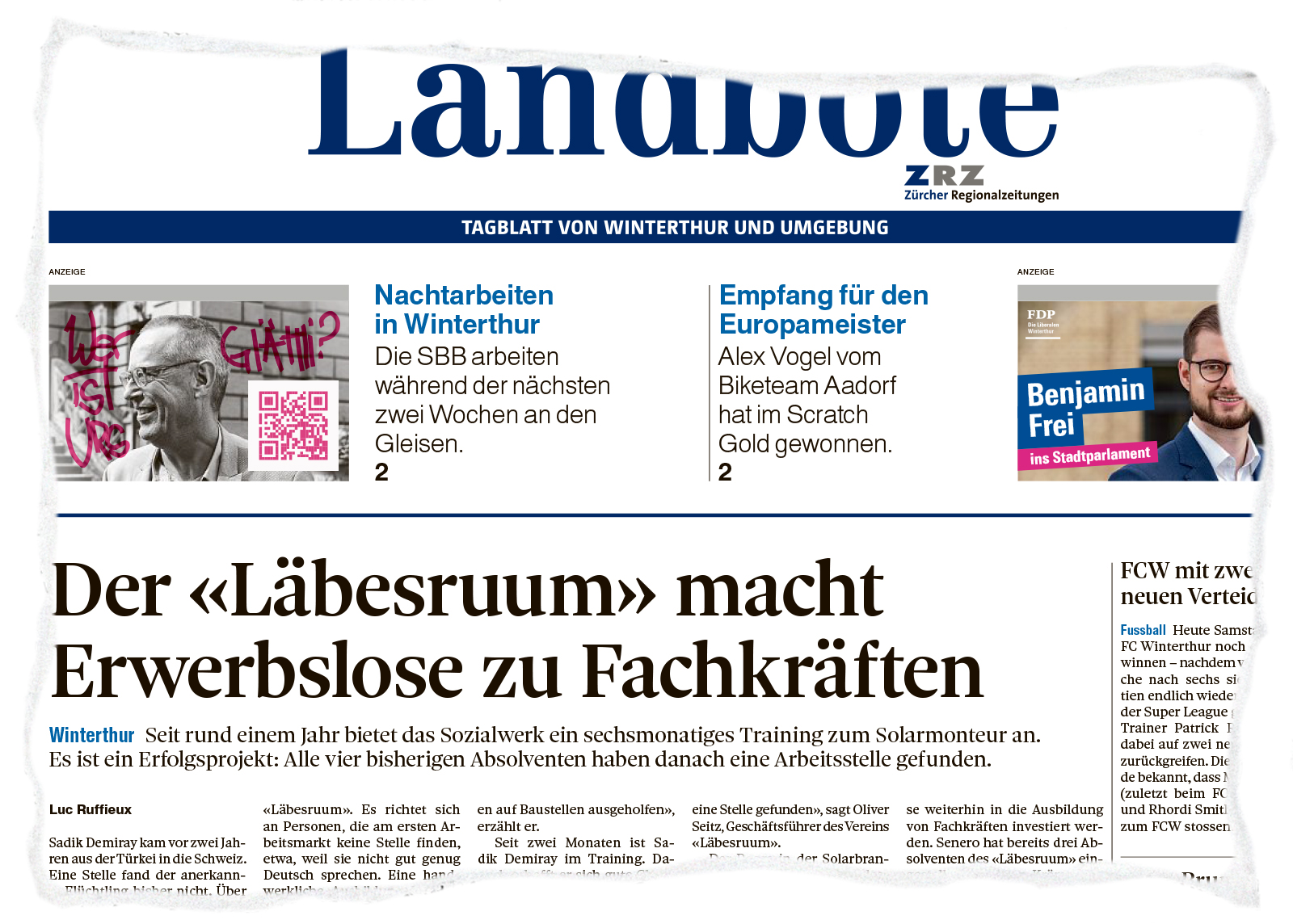 Ausschnitt der Titelseite des Landboten mit einem Artikel über den Läbesruum.