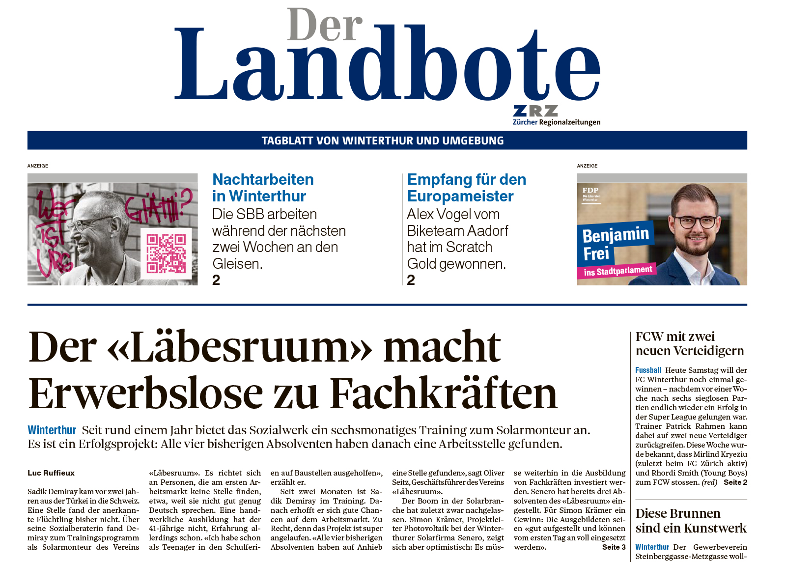 Ausschnitt der Titelseite des Landboten mit einem Artikel über den Läbesruum.